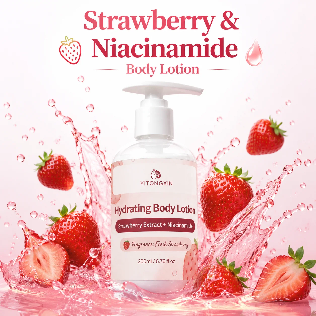 Hydrating Body Lotion with Strawberry Extract & Niacinamide, Moisturizing & Brightening Skincare Fresh Strawberry Scent 200ml