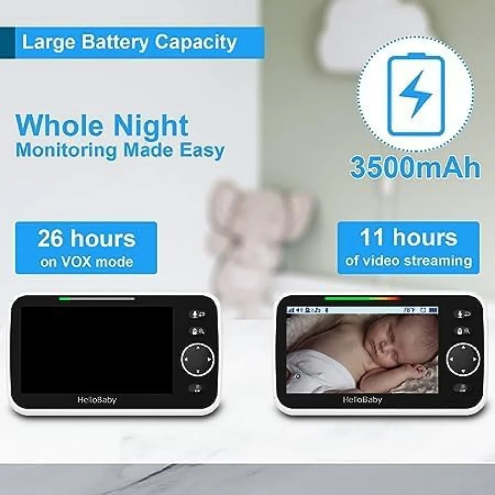 Upgrade 5’’ Baby Monitor with 26-Hour Battery, 2 Cameras Pan-Tilt-Zoom, 1000ft Range Video Audio Baby Monitor No WiFi, VOX