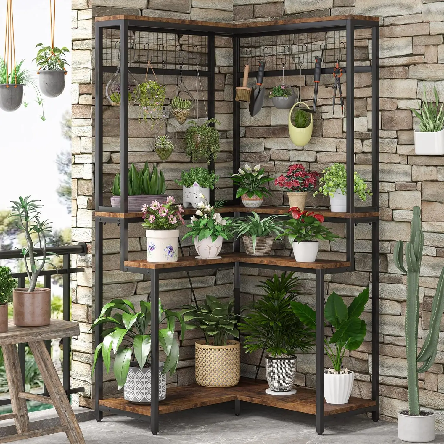 Corner Plant Stand Indoor, 67 Inch Tall Plant Shelf Flower Stands with 15 Hanging Hooks, Multipurpose Potted Plants H