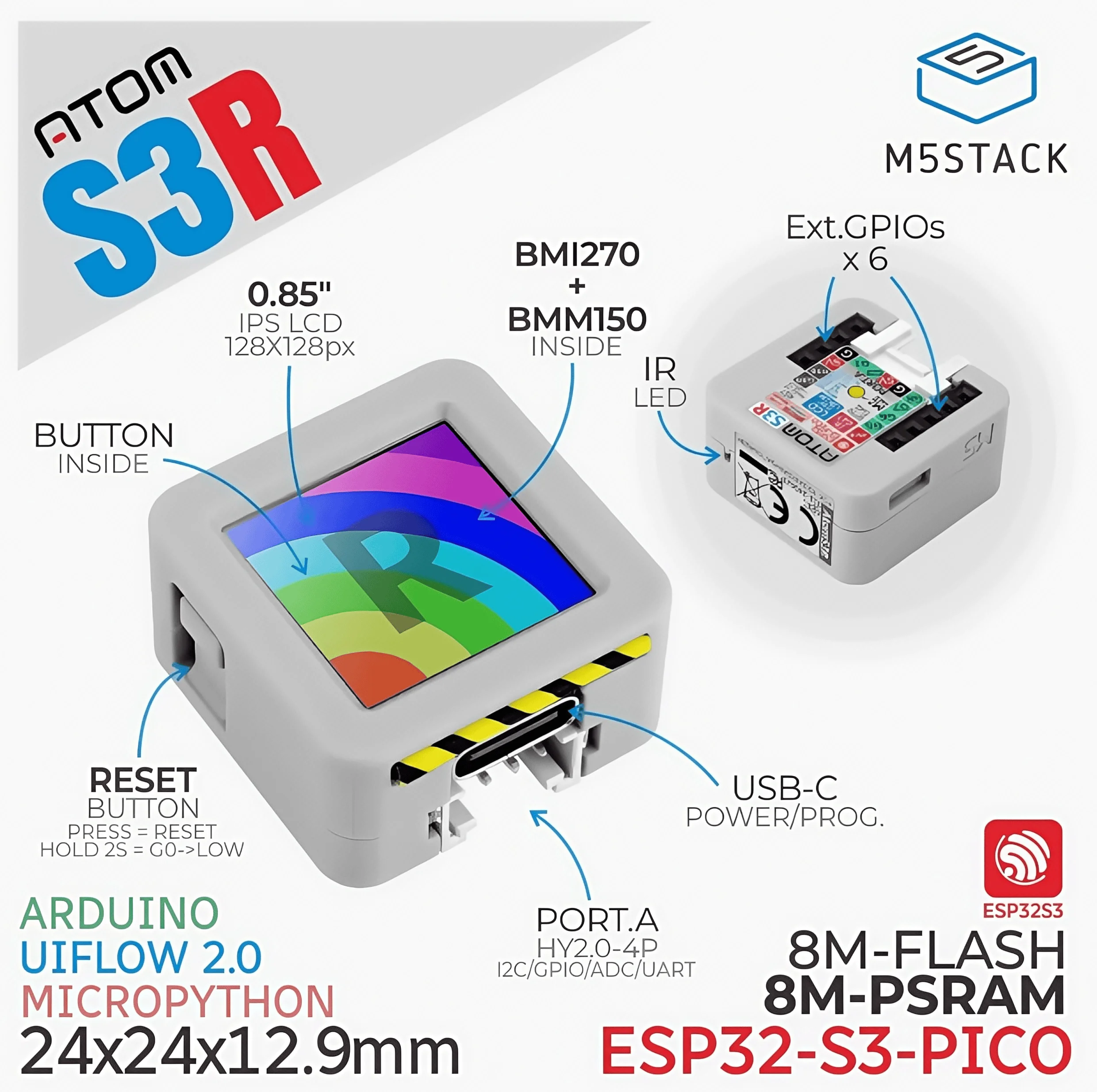 

M5Stack ATOMS3R ESP32-S3-PICO-1-N8R8 Programmable Controller Development Board Kit Wi-Fi IPS Screen 3D Antenna IoT Applications