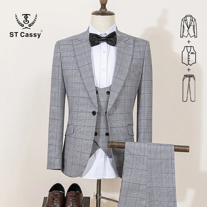

ST cassy Stylish Checkered Suit 3 Piece Set Men Business Casual Wedding Outfit Slim Fit man suits