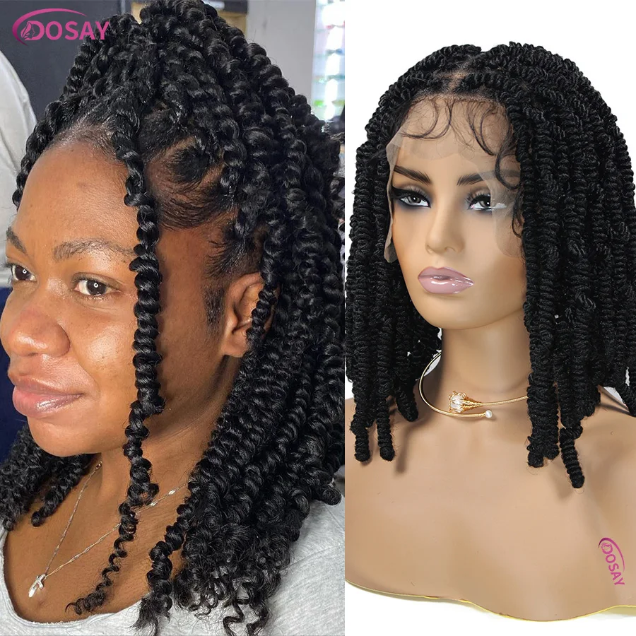 Synthetic Short Passion Twist Braided Wigs Curly Ends Square Part Bob Braided Lace Front Wig For Women Knotless Box Braids Wig