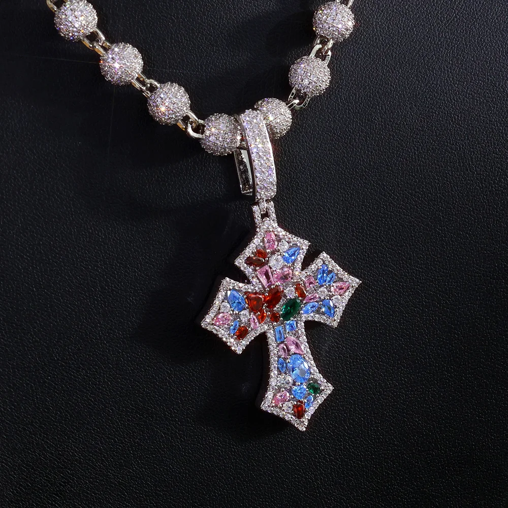 

ESKEEM Colorful Cubic Zirconia Iced Out Cross Pendant with Bead Chain High Quality Full Diamond Pendant Hip Hop Fine Jewelry