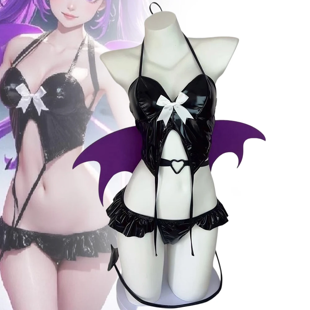 

Anime Succubus Devil Cosplay Costume Women Sexy Demon Wings Uniform Leather Top Shorts Suit Clothes Halloween Carnival Outfit