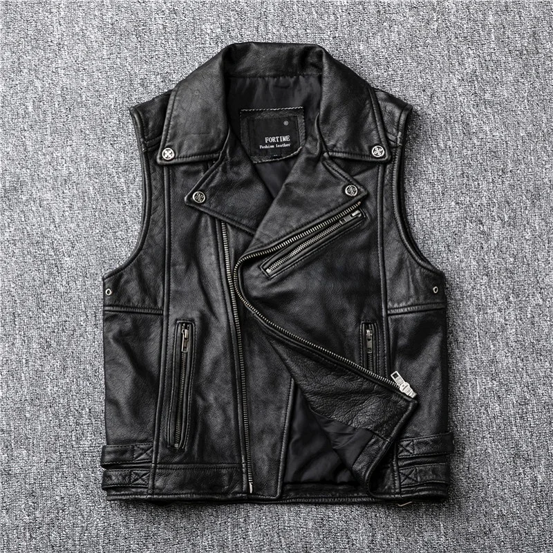 

Men's Genuine Leather Sleeveless Vest Motorcycle Biker Jacket Cowhide Punk Zipper Lapel Waistcoat Real Leather