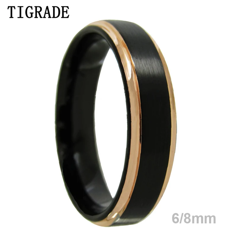 Tigrade Unisex 6/8mm Tungsten Carbide Black Ring with Rose Gold Color Line Brushed Rings For Men Women Couple Ring Wedding Band