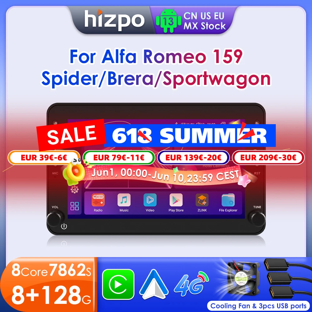 Hizpo android rádio automático para alfa romeo 159 brera aranha sportwagon carplay carro multimídia rds gps 2din autoradio ai voz 7862