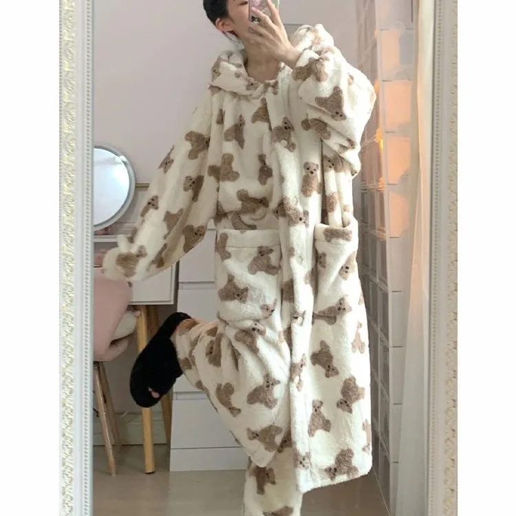 الشتاء المرجان بيجامة من الصوف المرأة لطيف الدب الصغير سميكة رداء طويل ملابس المنزل فتاة الكرتون ملابس خاصة ملابس غير رسمية