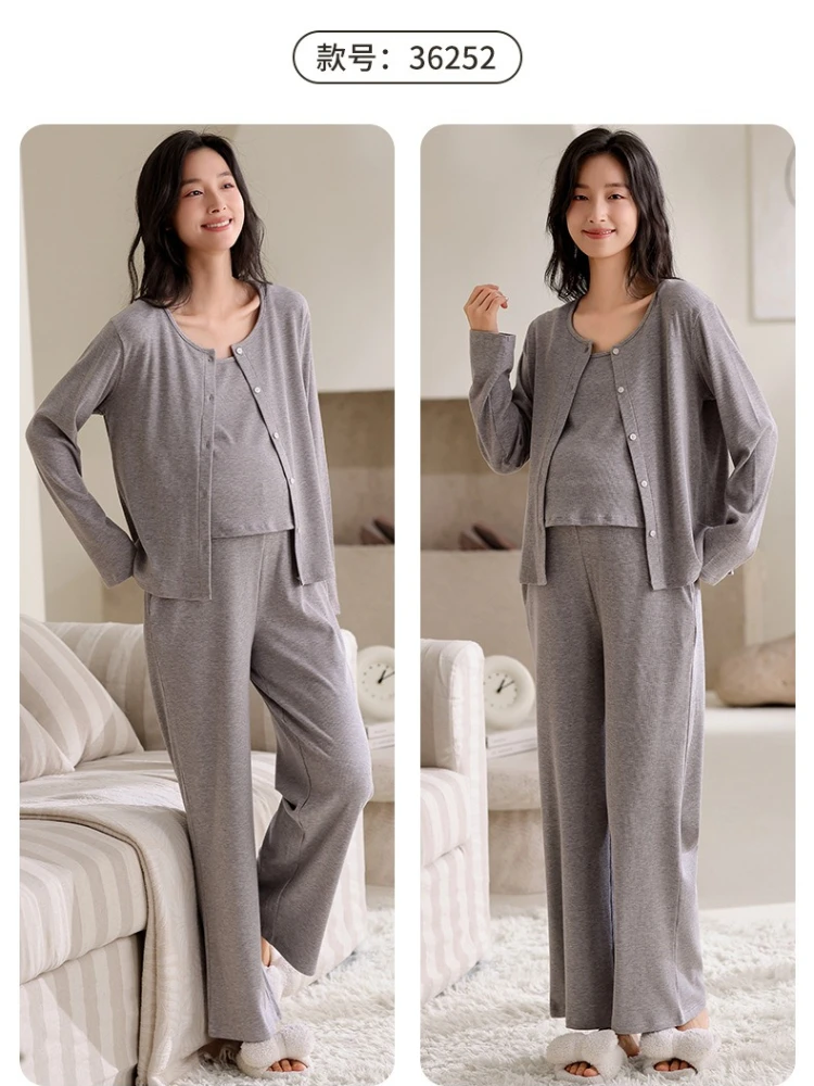 3 Piece Set Postpartum Women Nursing Clothes Modal Pajamas with Chest Cushion Cardigan Trousers Pregnant Breastfeeding Homewear