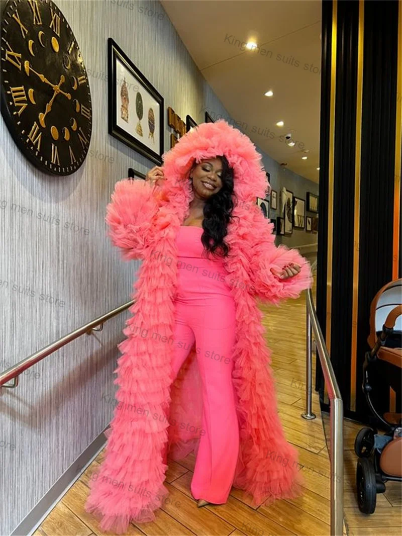 Pink Women Suit 1 Piece Long Blazer With Hat Tiered Tulle Customized Formal Wedding Tuxedos Jacket Prom Dress Coat