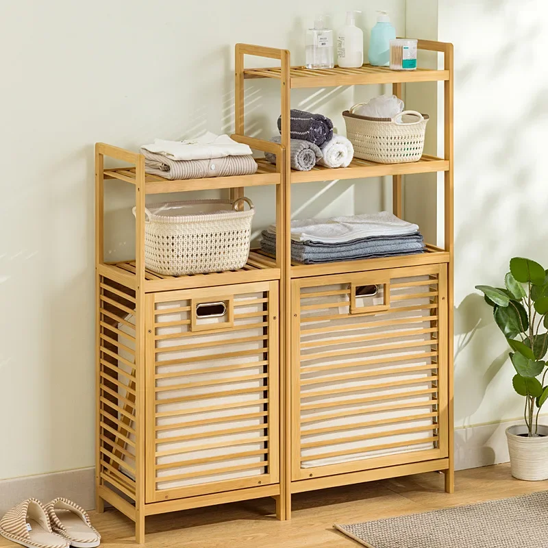 Multi-function 3/4 Tier Bathroom Racks Laundry Hamper Dirty Clothes Storage Basket Side Rack with Shelf Bamboo Storage Hamper