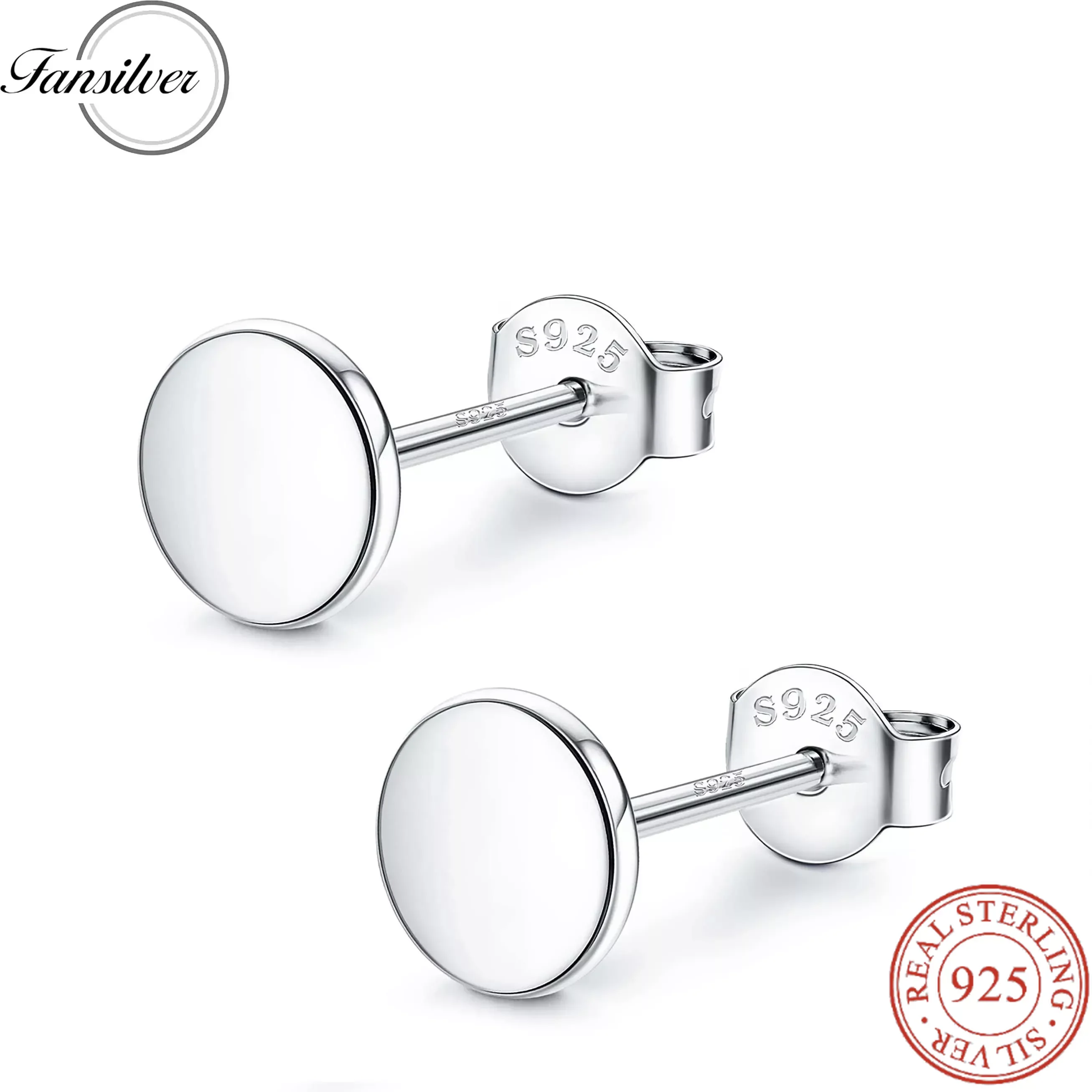 Fansilver S925 Sterling Silver Stud Earrings for Women Girls 18K White Gold Plated Disc Dot Stud Flat Round Stud Ear Rings