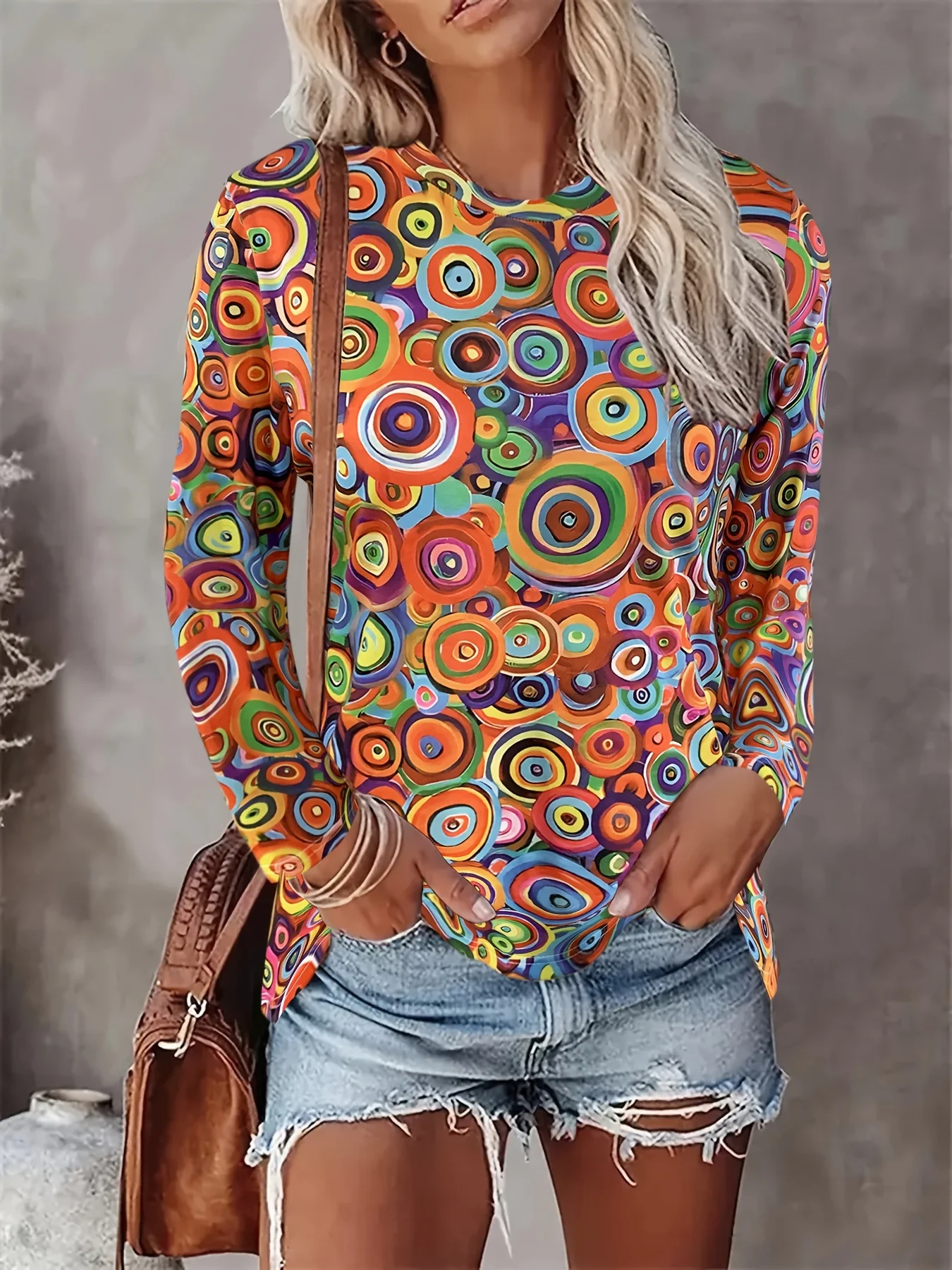 Women Round Neck Long Sleeve T Shirt Colorful Abstract Circle Geometric Print Casual Loose Blouse Fall Daily Basic Tops