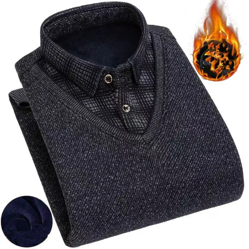 2025 Winter fleece and thickened men's sweater, long-sleeved shirt with collar, middle-aged knitted base shirt, 6 colors