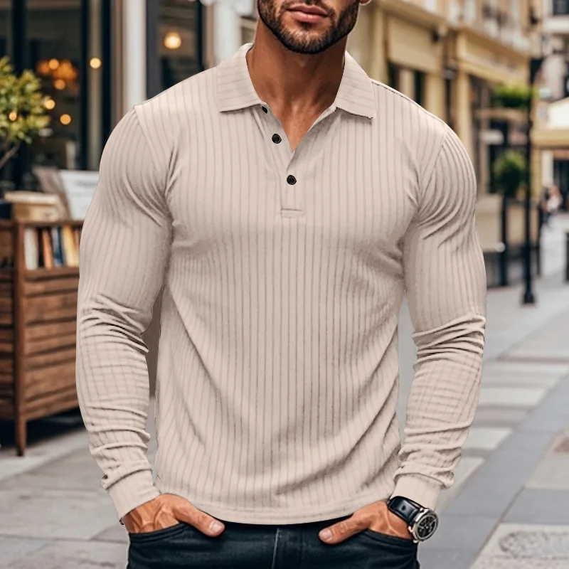 

Autumn Men's Classic Casual American Lapel Button Long Sleeve T-shirt Stretch Sunken Stripe Polo Shirt