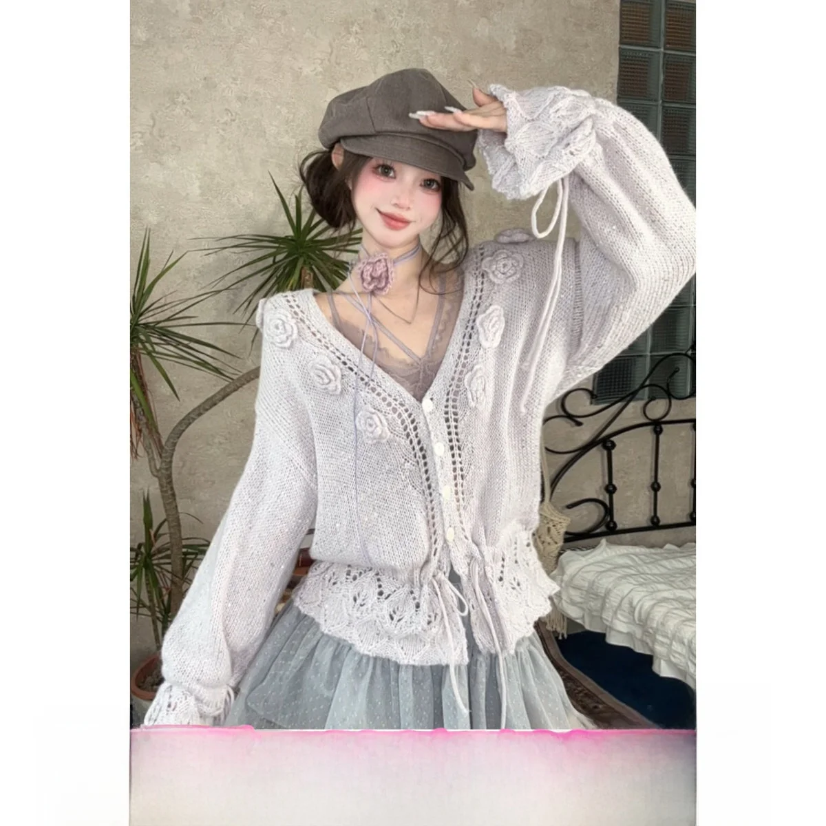 

Light Purple Crochet Knitted Sweater Women's Early Autumn Sle Sweet Gentle Open Cardigan Outerwear Korean Sle