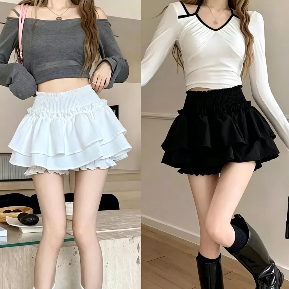 Mini Skirt Cute Sexy Balletcore Elastic High Waist Ball Gown Ruffle Patchwork Lolita Skirt Short Korean Sweet Pleated Skirt Y2k