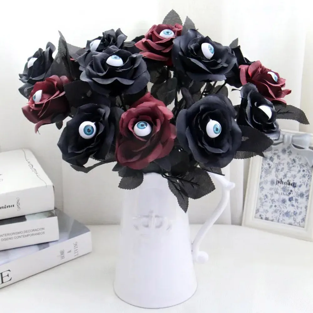 

3Pcs Artificial Rose Flower with Eyeball Fake Floral Halloween Ghost Festival Layout Room Home Fashion Decoration Photo Props