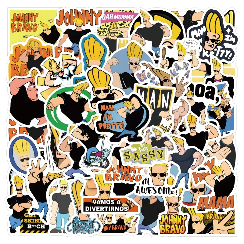 60 pièces ‌ Autocollant de dessin animé Johnny Bravo, papeterie pour bagages, voiture, téléphone portable, Skateboard, ordinateur, réfrigérateur, décoration