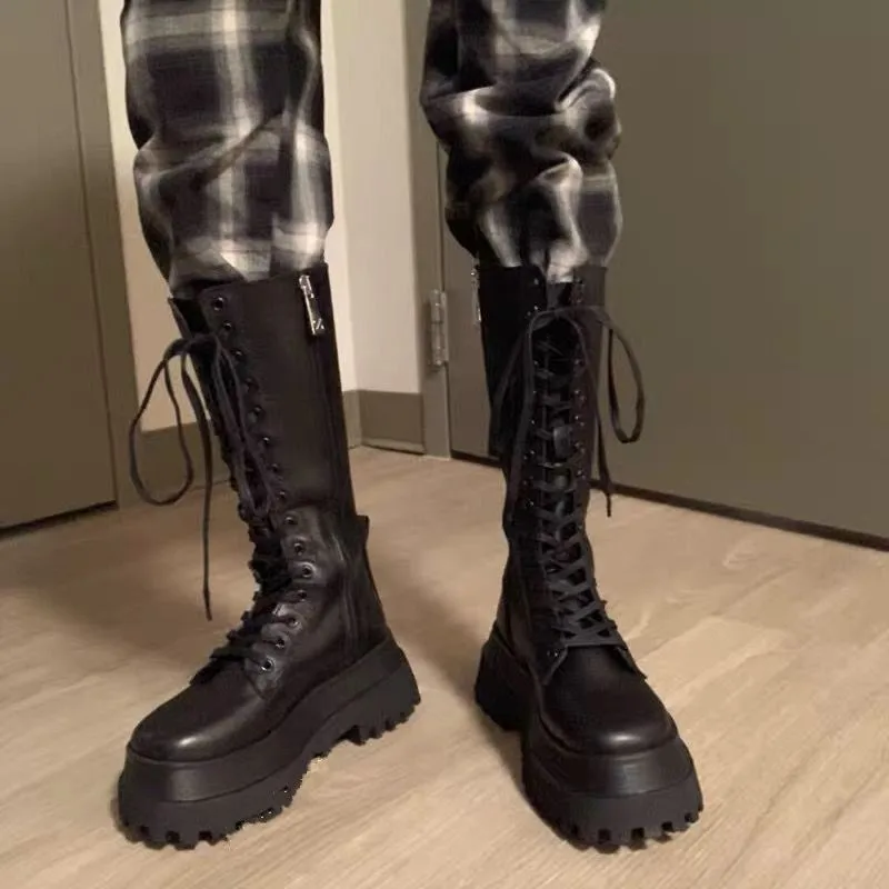 2025 Modische Chunky-Plateau-Motorradstiefel für Damen, Herbst-Winter PU-Leder Kniehohe Stiefel, Punk-Stil mit Dicker Sohle, Lange Botas – Detail 5