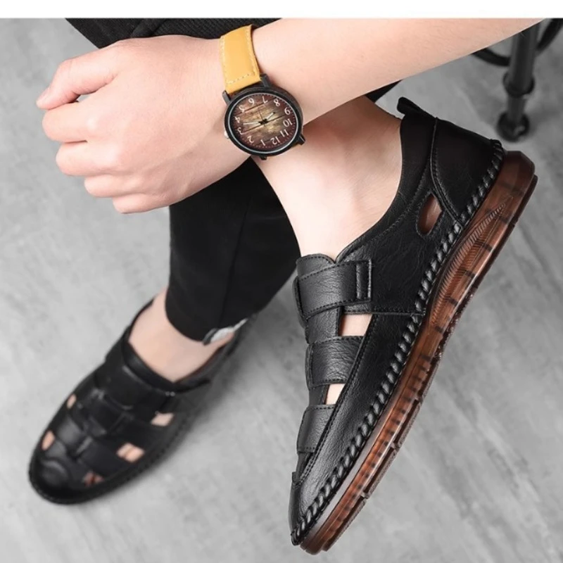 Men Closed‑toe Hollow‑out Leather Sandals 2026 Summer Magic‑tape Rubber Sole Breathable Non‑slip Elderly Shoes Black Brown