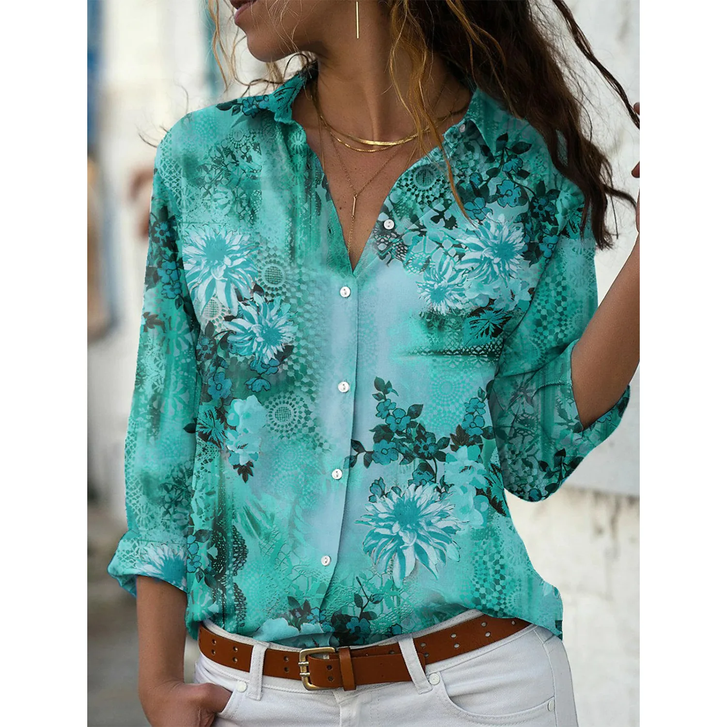 New Women's Floral Print Long Sleeve V-Neck Shirt