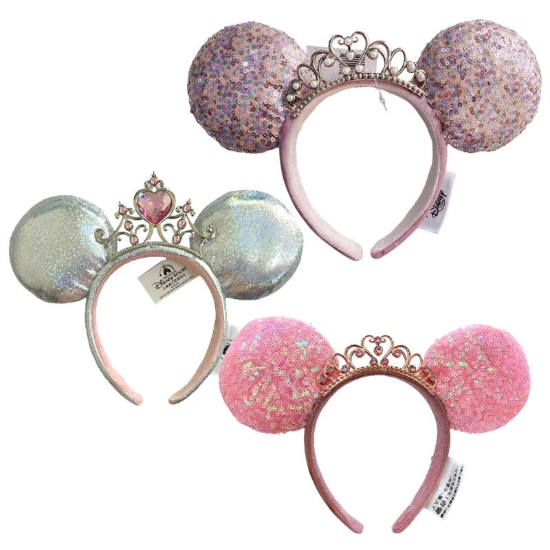 Disney Mickey Mouse  Sequins Ears Headband Crown Disneyland Cosplay Plush Mint Green Headwear Adult/Kid Birthday Gifts