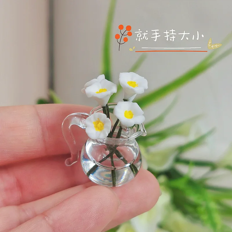 1/12 Mini morning glory glass pot flower arrangement dollhouse garden accessories ob11 toy