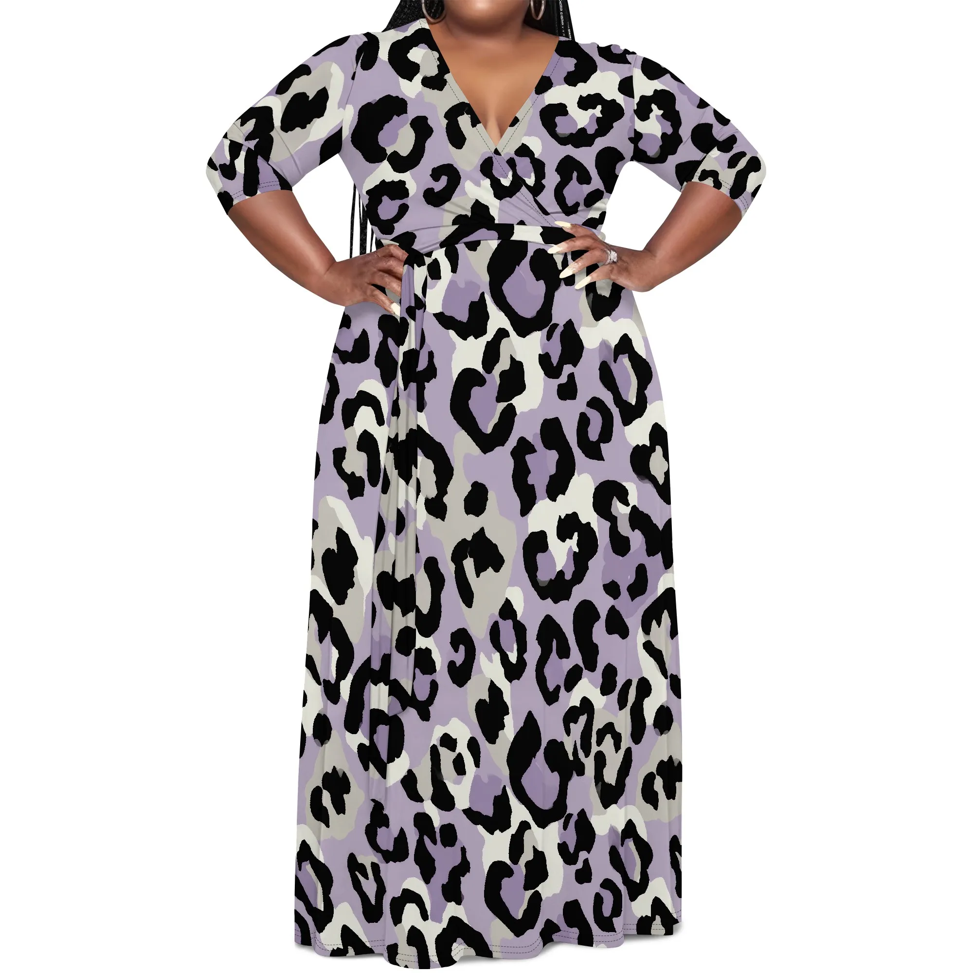 Plus-Size-Kleider für Damen, Blumen-Maxikleid, fließende 3/4-Ärmel mit Gürtel