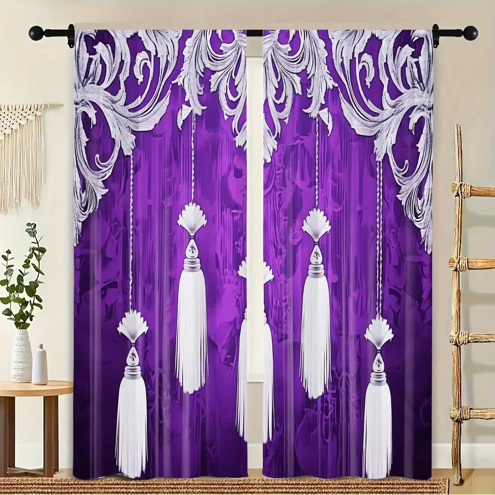 

2Pcs Curtain Purple Background Tassels Pattern Window Drapes for Bedroom Living Room Decoration Window Treatment.