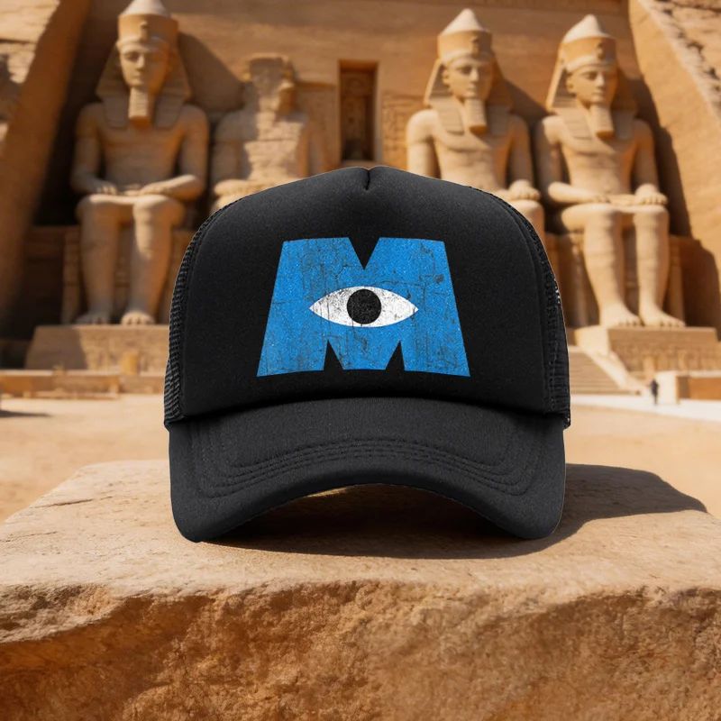 Unisex Blue Mesh Baseball Cap with White Eye Pattern in the Middle of the Letter M, Duckbill Cap for Running, Walking, Camping -