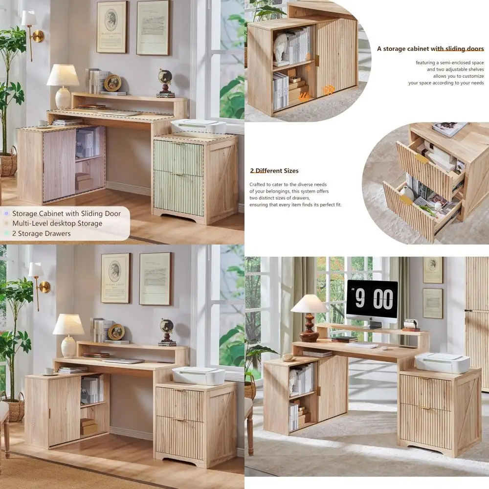 

Письменный стол L-образной формы из натурального дуба, 67 дюймов, с местом для хранения, розетками и верхней полкой для домашнего офиса