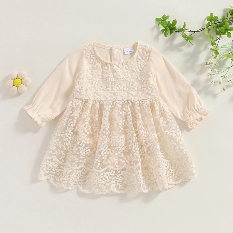 Toddler Girl Floral Print Long Sleeve Round Neck Ruffle Hem Dress High Waist Patchwork Lace Party Romper Dress with Bow