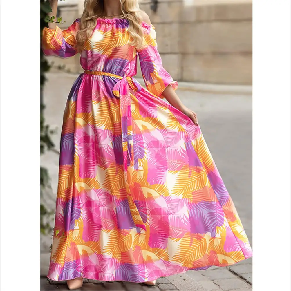 플로럴 프린트 오프숄더 여름 드레스 스트리트 스타일 루즈핏 소프트 폴리에스터 미디엄 스트레치 가을 착용