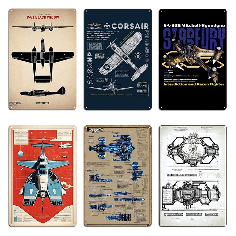 P61 Fighter Aircraft Starfury Mark Iv Blueprint F4U Corsair Fictional Retro Airship Metal Garage Funny Customize Tin Sign Poster