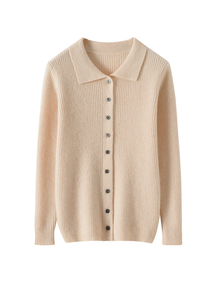 Damski kardigan z kołnierzykiem, zapinany na guziki, ze 100% wełny merino, jesienno-zimowy, elegancki sweter z kaszmirem, dzianina, dopasowany wełniany top.