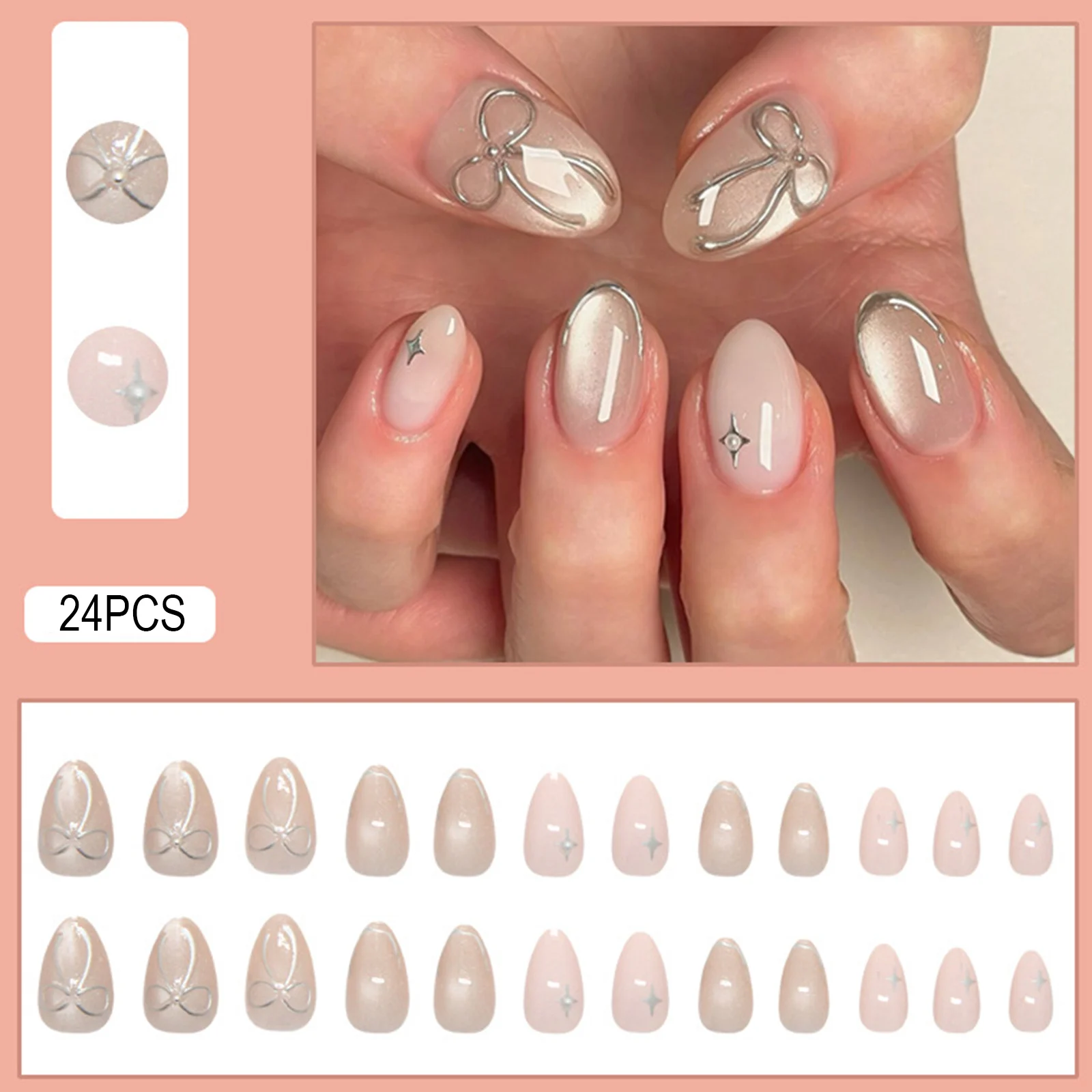 

24pcs Wearable Bow Design Press on Nails Simple Pearl Starlight Short Almond False Nails Tips Finished Cat's Eye Fake Nail Sets