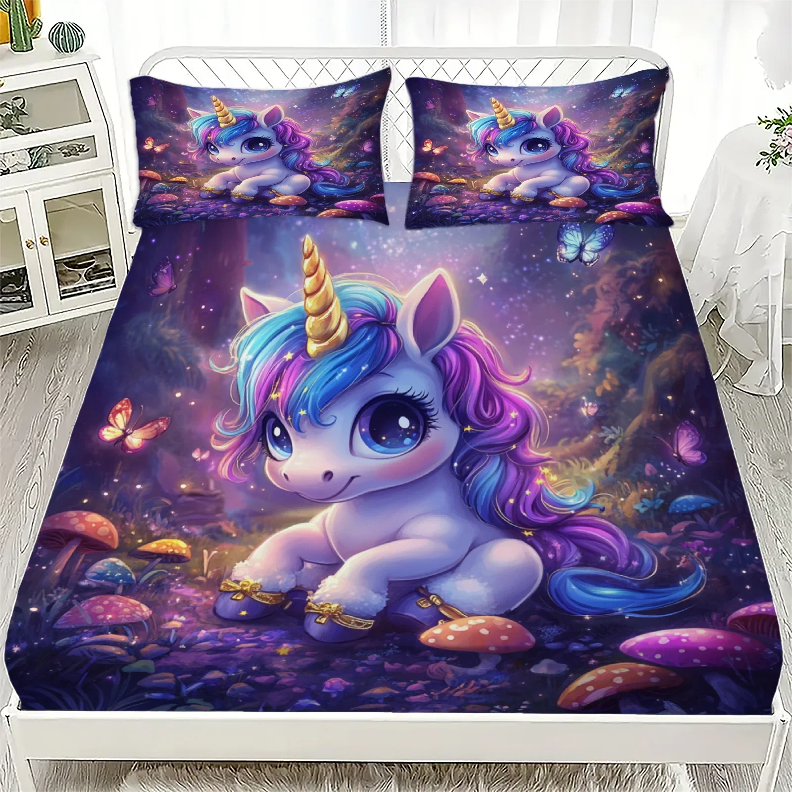 Unicorn Pattern 3D Fitted Sheets Set Cute Kids Bedding with 1/2 Pillowcases Customized Boys Girls Bedroom Decor