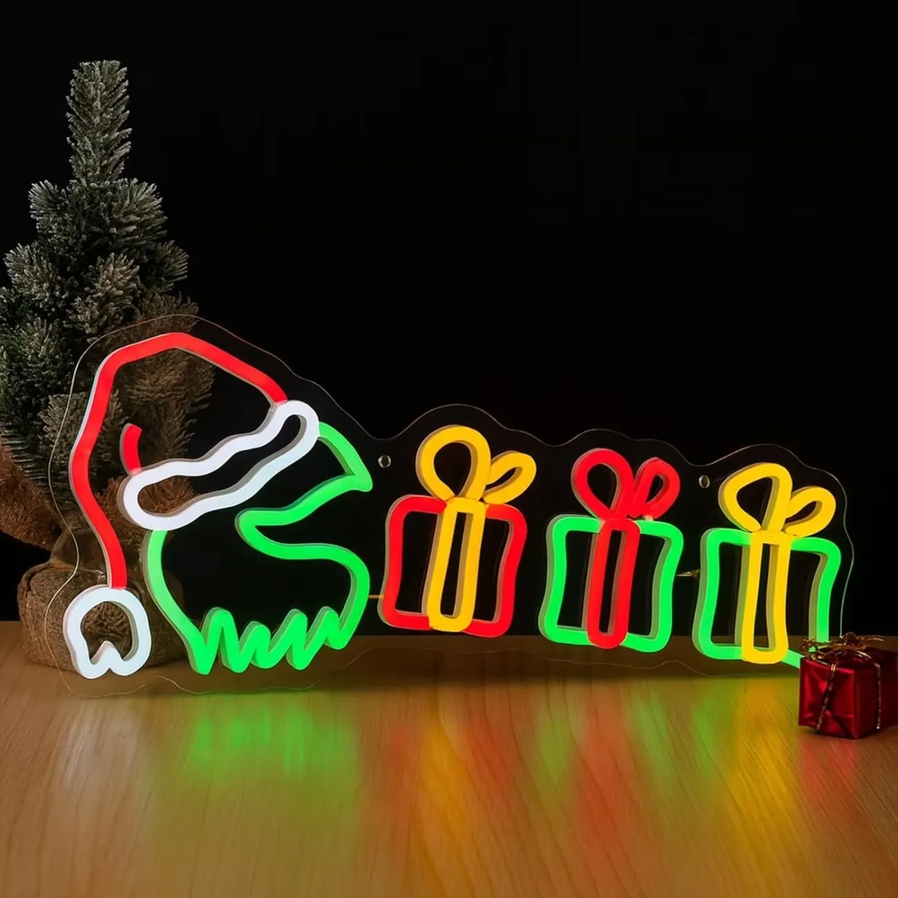 Christmas Santa Gift Boxes LED Neon Light Wall Decor USB Hanging Lamp Winter Xmas Home Atmosphere Decoration Gift