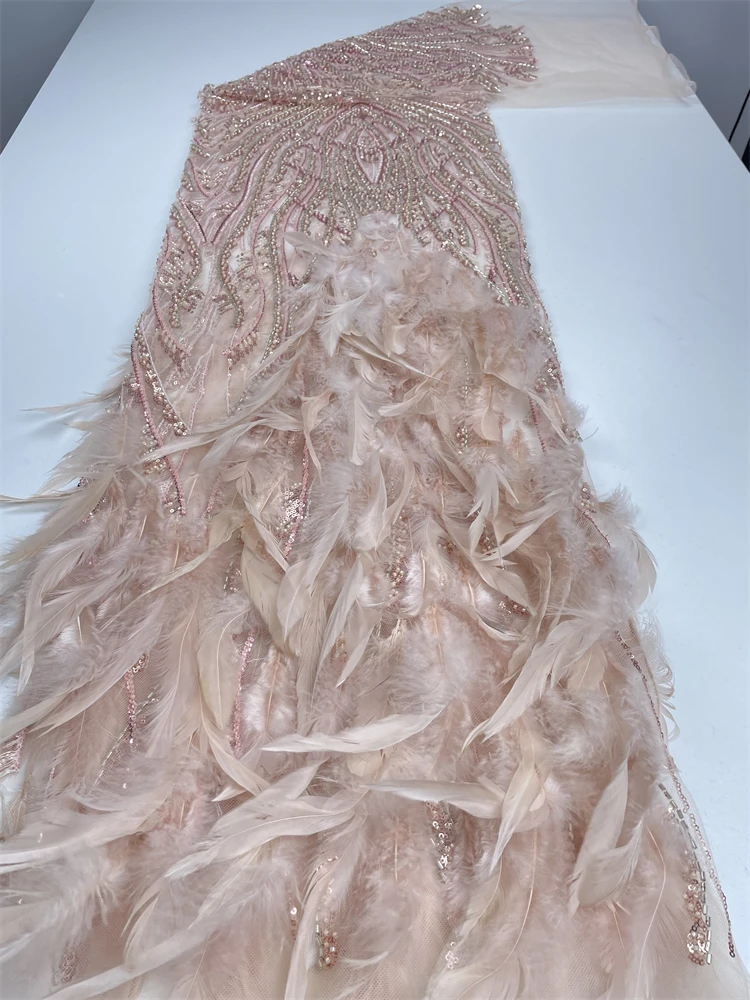 Africa Nigerian Feather Beads French Mesh Lace 2025 High Quality Sequence Tulle Lace With Beads Embroidery For Sewing