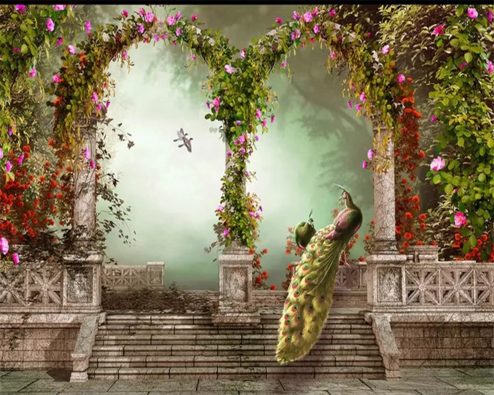 Custom wallpaper Large Art Forest Waterfall Tree branches Leopard peacock Kids Room TV Background Wallpaper Mural