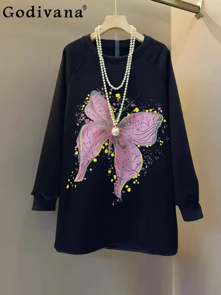 

Новая женская толстовка оверсайз с вышивкой бабочки из страз, свободный крой, длинный рукав, повседневный стиль, круглый вырез, корейский дизайн, весна-осень