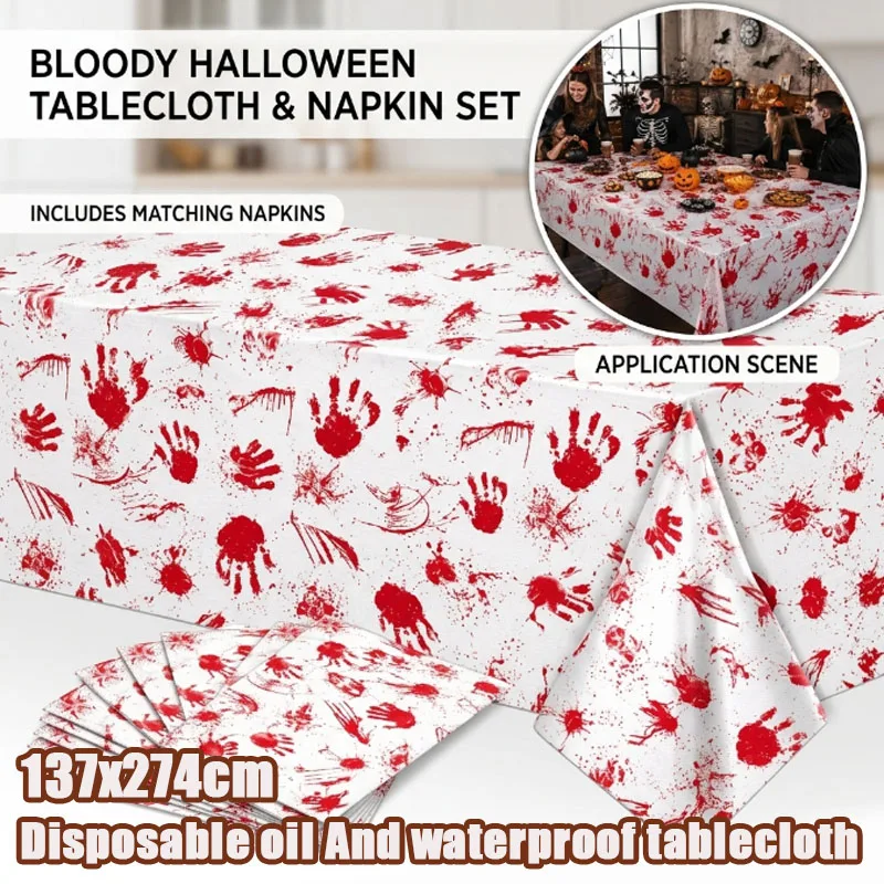 1-5PCS  Blood Handprint Themed Tablecloth for Halloween Disposable Oil Resistant Waterproof Decor Oil-proof and Water-resistant