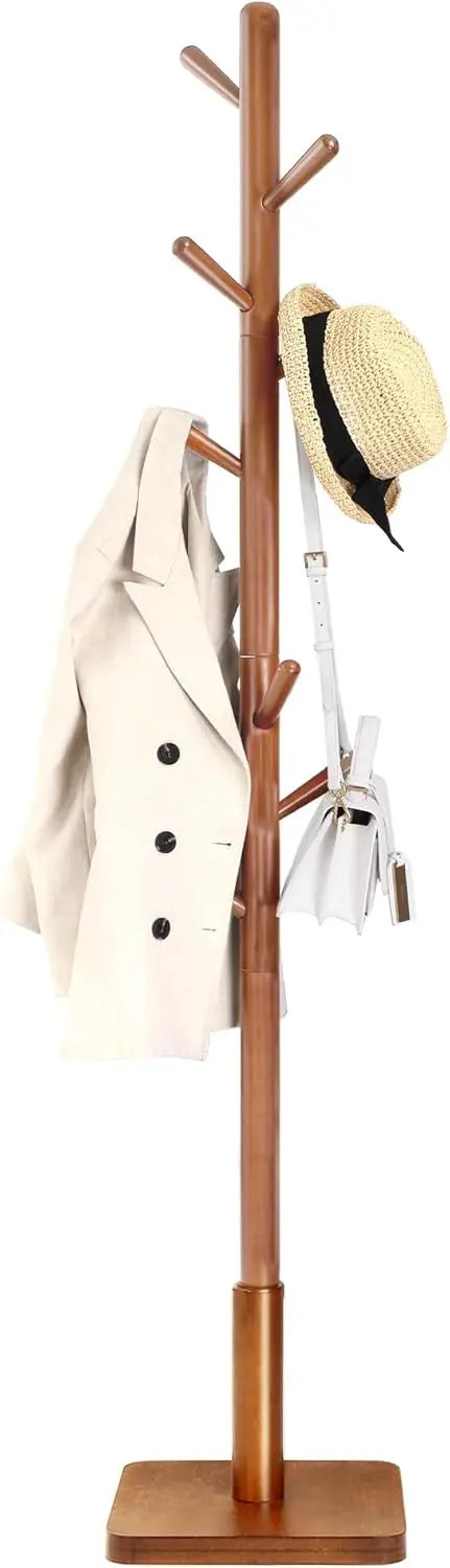 Solid Wood Coat Rack with 8 Hooks, 3 Height Options, Rubberwood Pole, Dark Walnut for Entryway Hallway