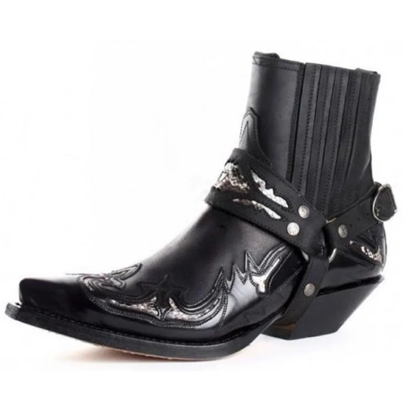 

Retro Fretwork Western Men Chelsea Boots Pointed Toe Buckle Strap Block Heels Mens Winter Outside Boots Black Beige