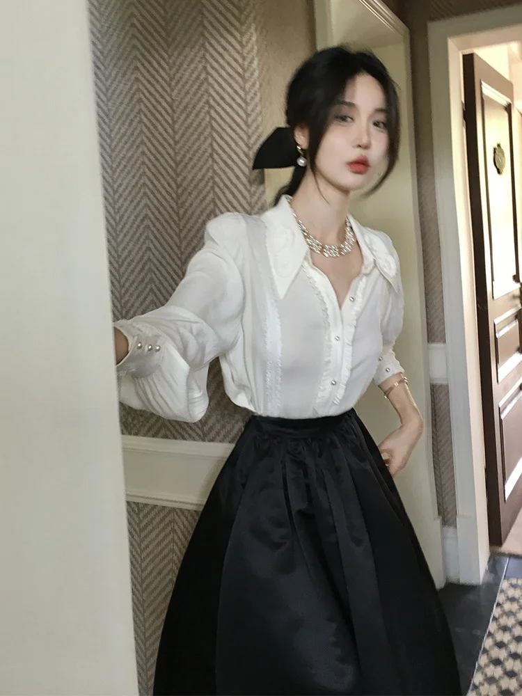 

Оригинальная женская осенняя блузка RoseFang Blanca De Noche свободного кроя с длинными рукавами-фонариками, белая, дышащая, приятная к телу.