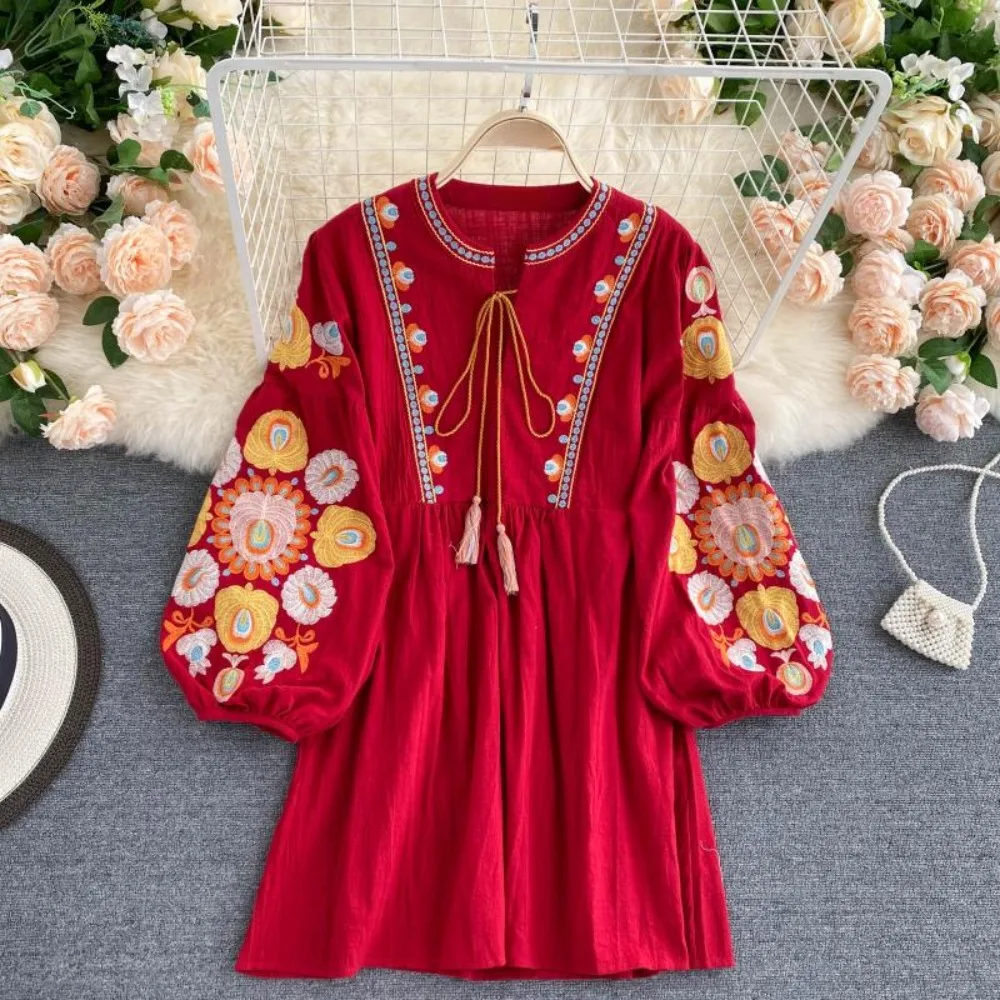 Neploe Women Lovely O Neck Puff Sleeve Print Dress Ethnic Style High Waist Tassels Lace Up Robe Casual Heavy Embroidery Mujer