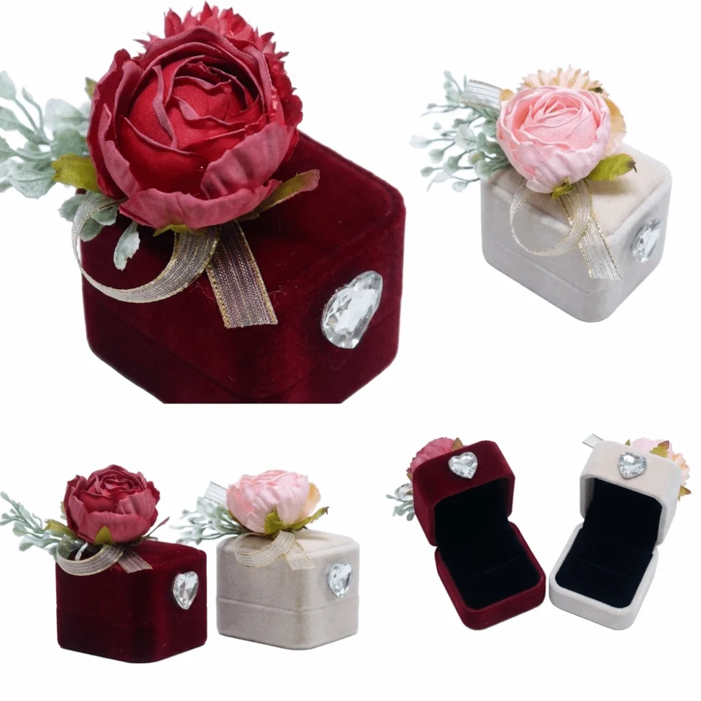 Heart Shaped Wedding Ring Box Artificial Flower Smooth Material Heart Jewelry Box Lightweight Shiny Rhinestone