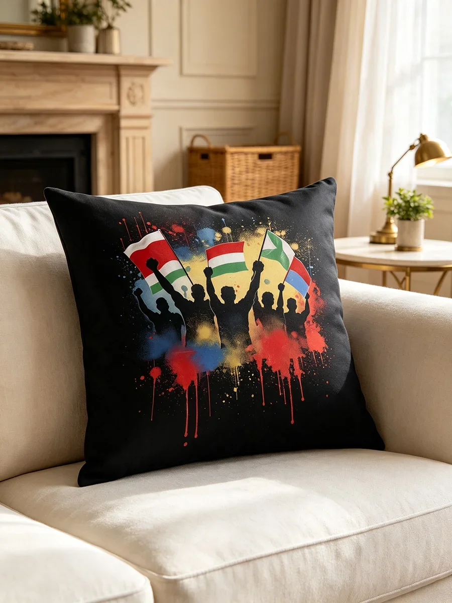 1PC Digital Print Pillow Cover, Black Watercolor Soccer Fans with Flags, Football Sports Cushion Case for Bar Man Cave Decor