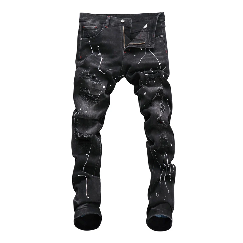 High Street Fashion Men Jeans Retro Black Gray Elastic Slim Ripped Jeans Men Painted Designer Hip Hop Stretch Denim Pants Hombre